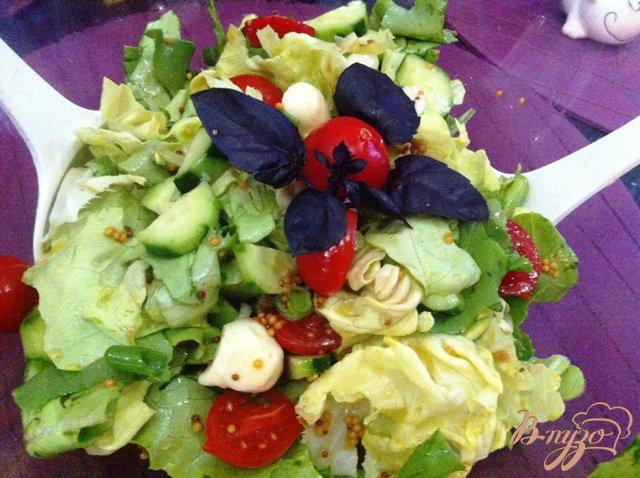 Фото приготовление рецепта: Зеленый салат с помидорами черри и моцареллой шаг №8