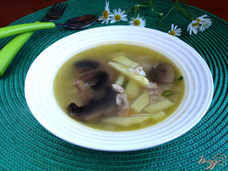 Фото приготовление рецепта: Куриный суп с шампиньонами и рисом шаг №11