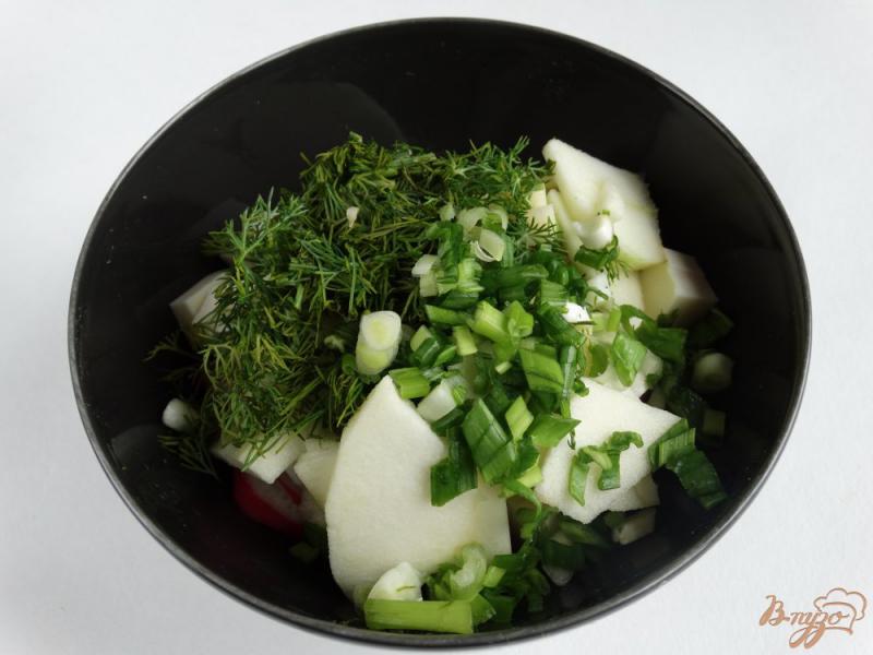 Фото приготовление рецепта: Салат из редиса плавленого сыра и яблока шаг №4