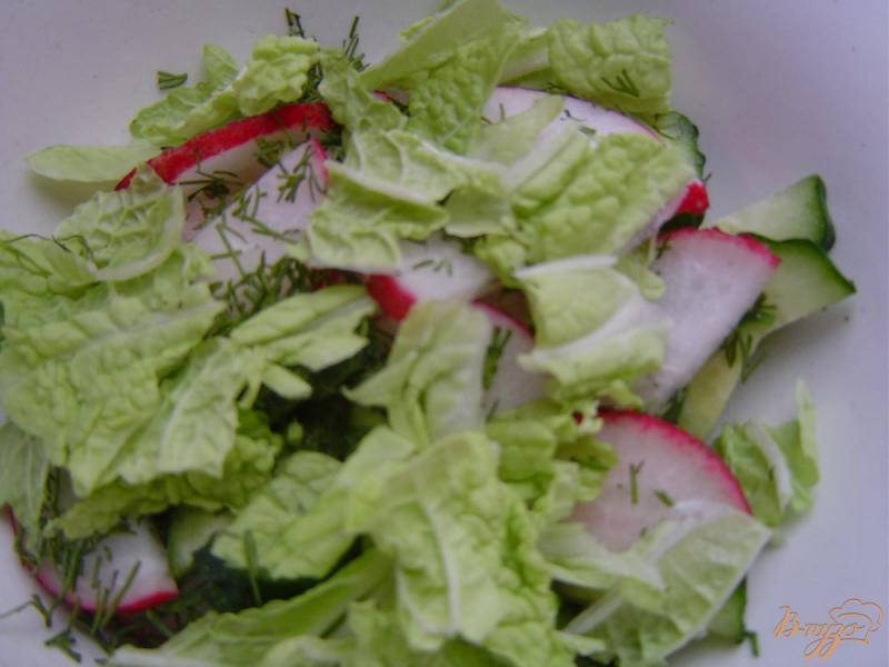 Фото приготовление рецепта: Салат из редиса, огурцов и кукурузы шаг №3