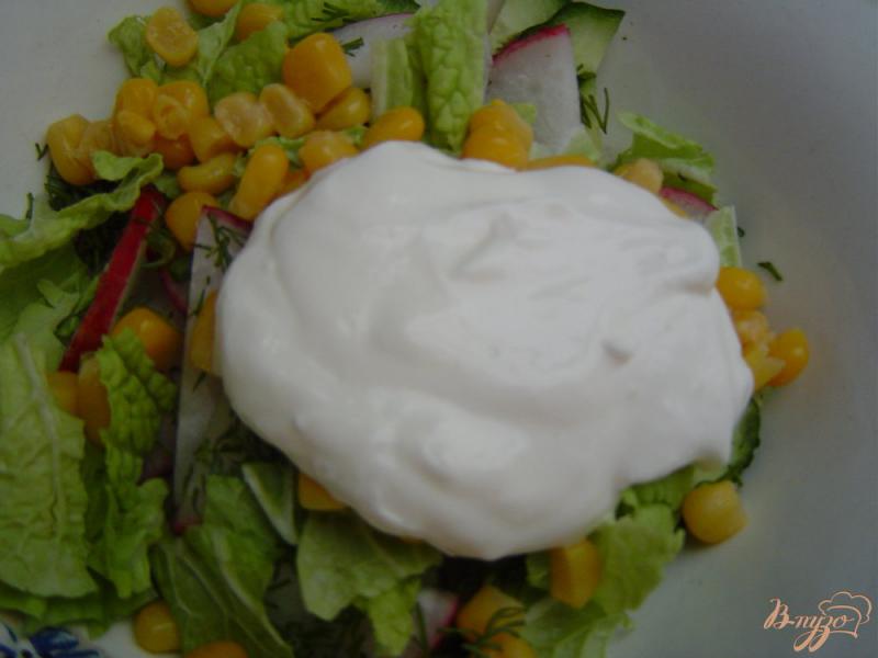 Фото приготовление рецепта: Салат из редиса, огурцов и кукурузы шаг №5