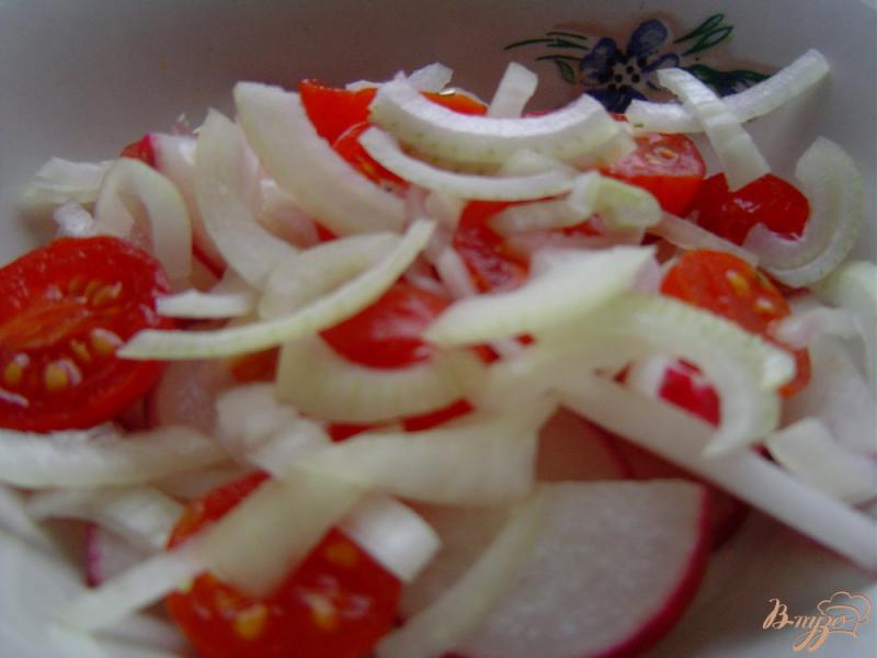 Фото приготовление рецепта: Салат из помидоров, редиса и лука шаг №3