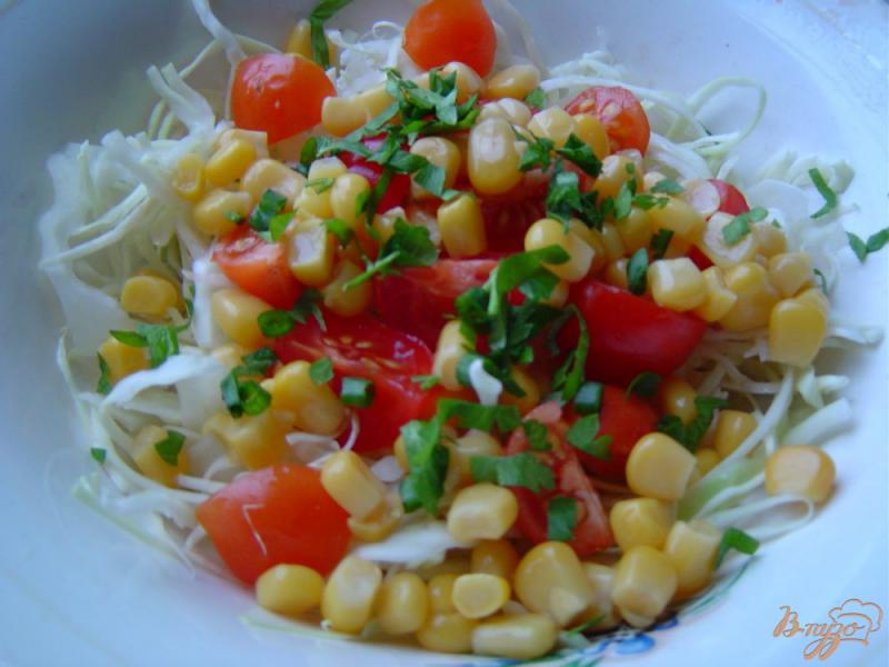Фото приготовление рецепта: Салат из капусты, помидоров и кукурузы шаг №4