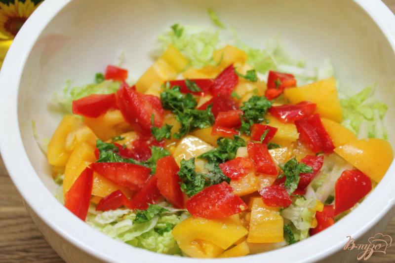 Фото приготовление рецепта: Салат из пекинской капусты, помидор и болгарско перца шаг №4