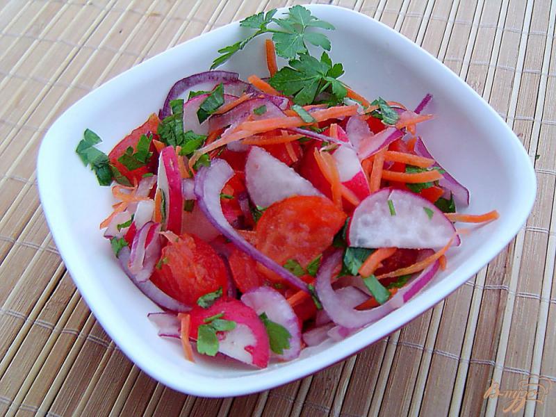 Фото приготовление рецепта: Салат с редисом, помидорами и морковью шаг №4