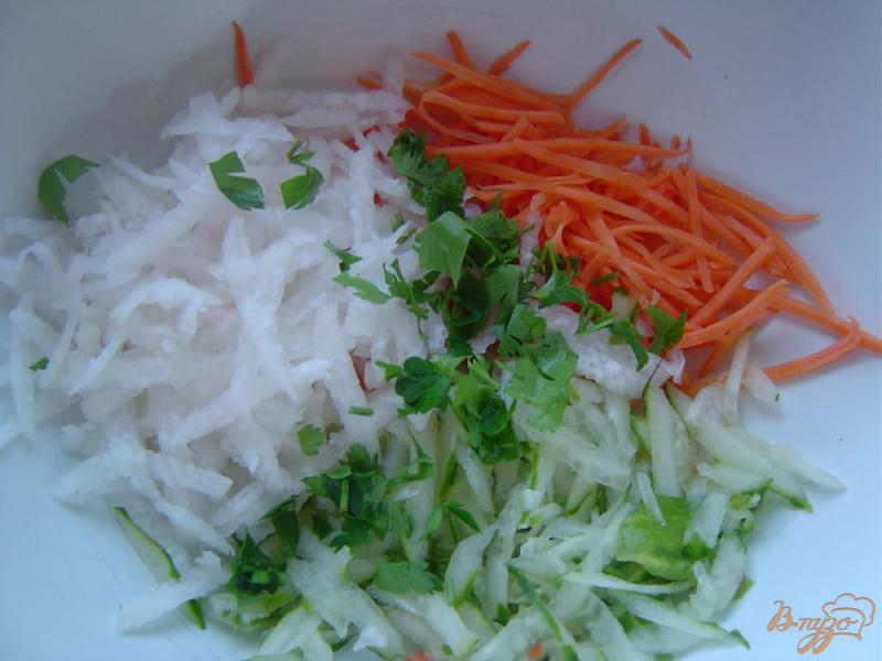 Фото приготовление рецепта: Салат с редькой, огурцом и морковью шаг №4