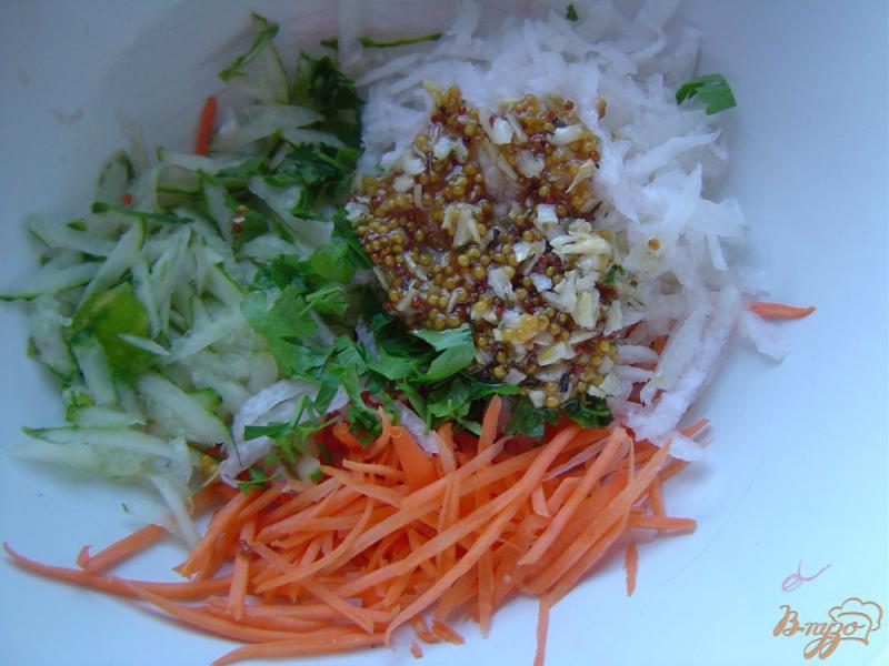 Фото приготовление рецепта: Салат с редькой, огурцом и морковью шаг №6
