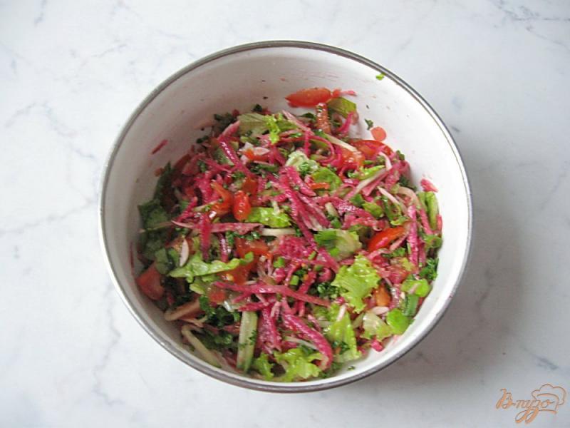 Фото приготовление рецепта: Салат из  редьки с помидорами и огурцами шаг №9