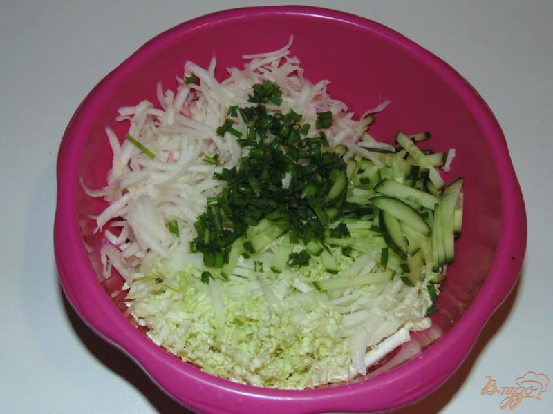 Фото приготовление рецепта: Салат из пекинской капусты со свежим огурцом и красной редькой шаг №4