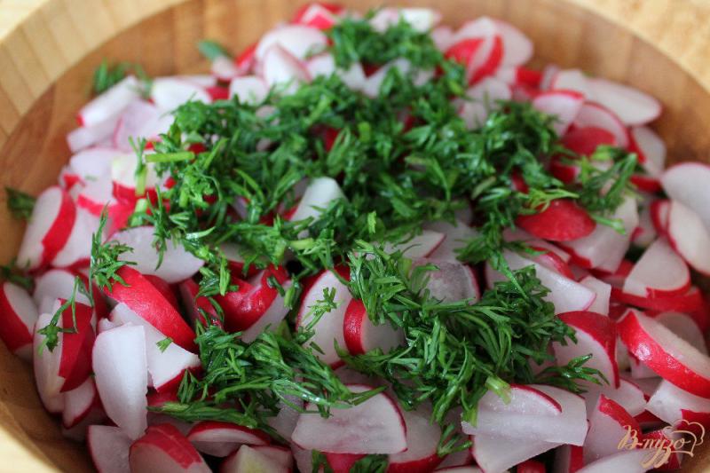 Фото приготовление рецепта: Салат с редисом, луком и шпинатом шаг №4