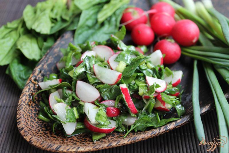 Фото приготовление рецепта: Салат с редисом, луком и шпинатом шаг №6