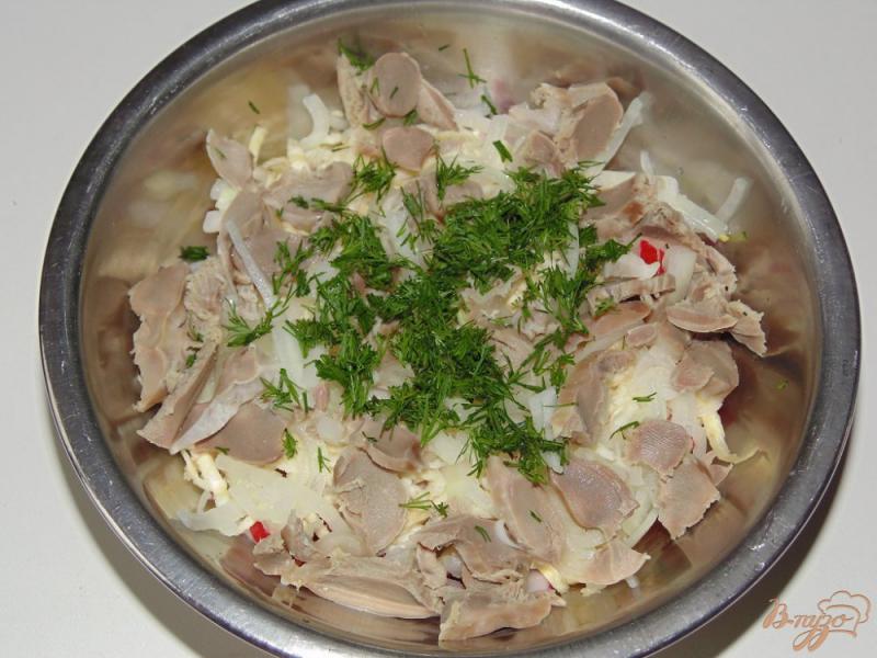 Фото приготовление рецепта: Салат с куриными желудками и редисом шаг №4