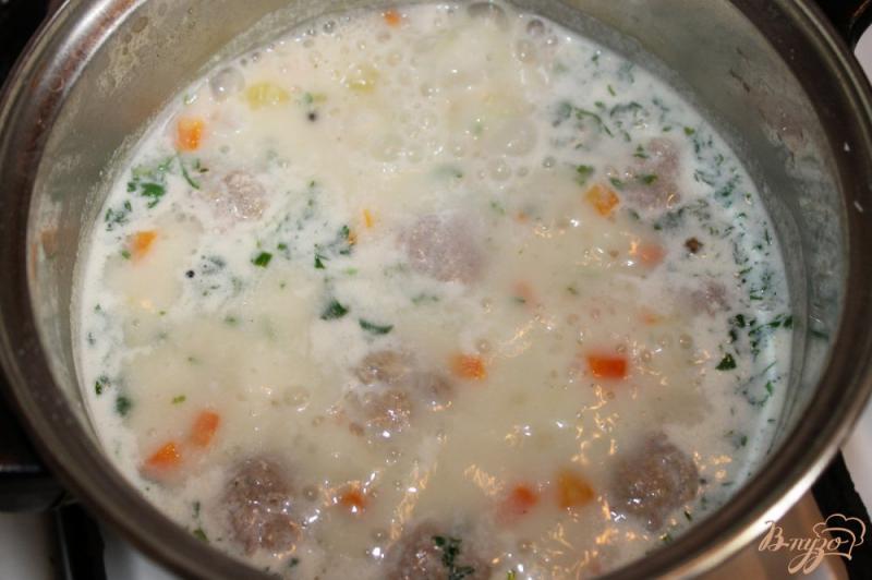 Фото приготовление рецепта: Овощной сливочный суп с мясными фрикадельками шаг №5