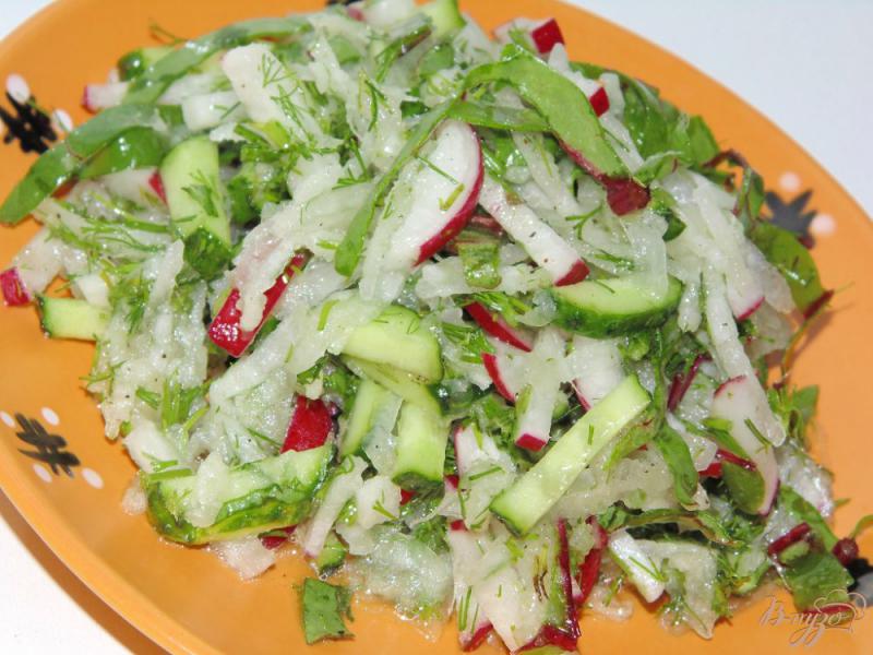 Фото приготовление рецепта: Салат из редиса и белой редьки с мангольдом и огурцом шаг №6