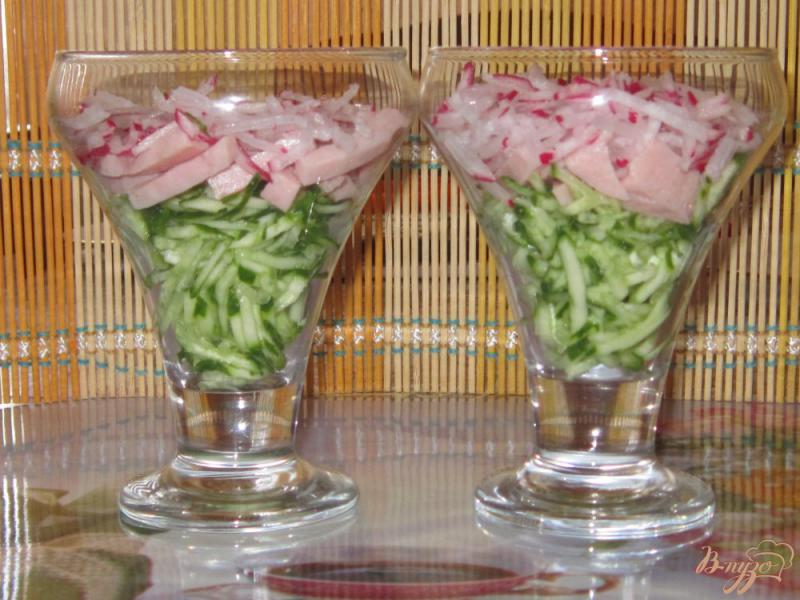 Фото приготовление рецепта: Слоеный салат с ветчиной, огурцом и редисом шаг №4