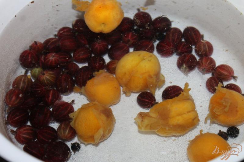 Фото приготовление рецепта: Освежающий компот с абрикосами, малиной и крыжовником с добавлением мяты шаг №3