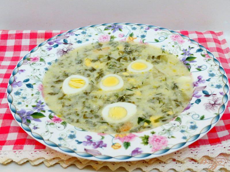 Фото приготовление рецепта: Щавелевый суп с перепелиными яйцами. шаг №9