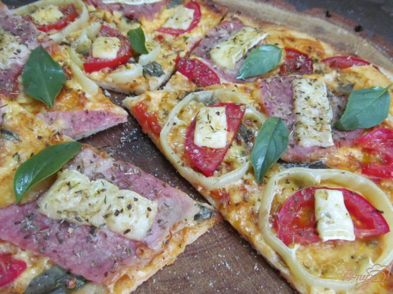 Фото приготовление рецепта: Пицца с двумя сырами на тесте с картофельным пюре шаг №9