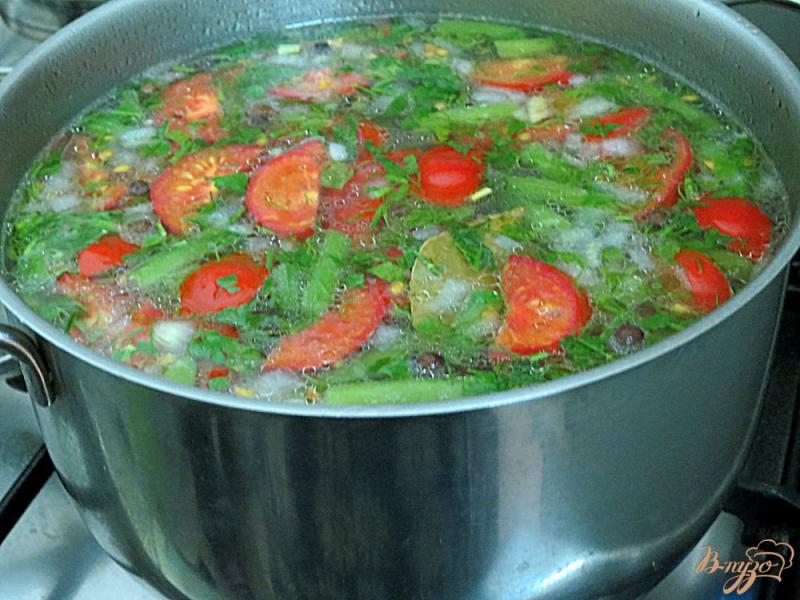Фото приготовление рецепта: Суп с фрикадельками, помидорами и рисом шаг №9