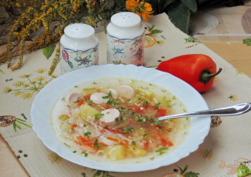 Фото приготовление рецепта: Овощной суп с сосисками шаг №9
