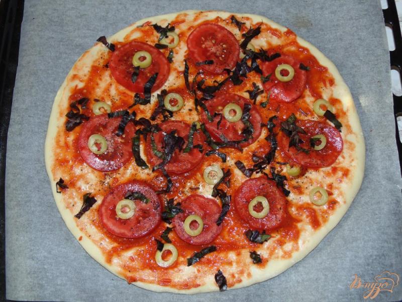 Фото приготовление рецепта: Пицца с помидорами, зелеными оливками и свежим базиликом шаг №3