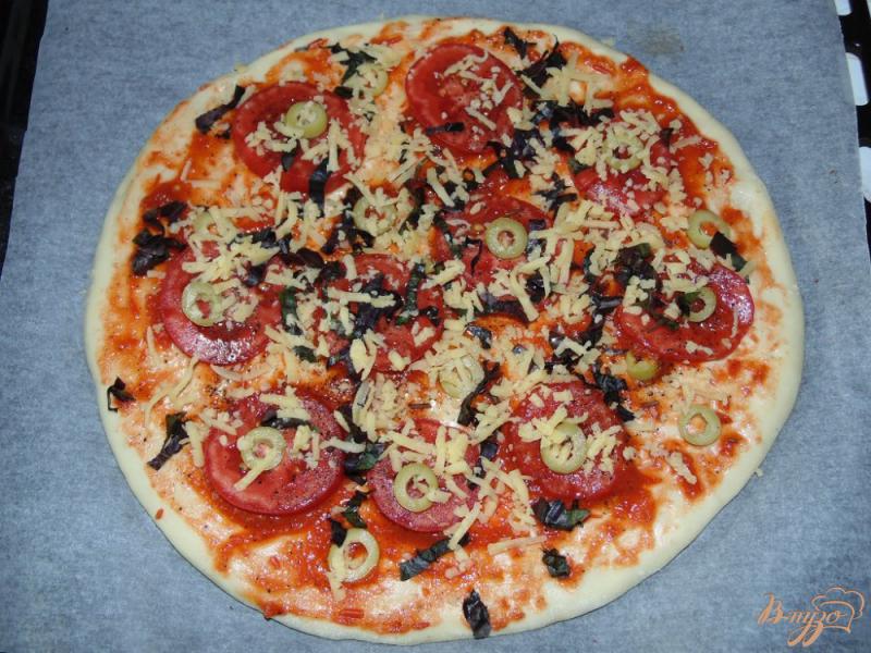 Фото приготовление рецепта: Пицца с помидорами, зелеными оливками и свежим базиликом шаг №4