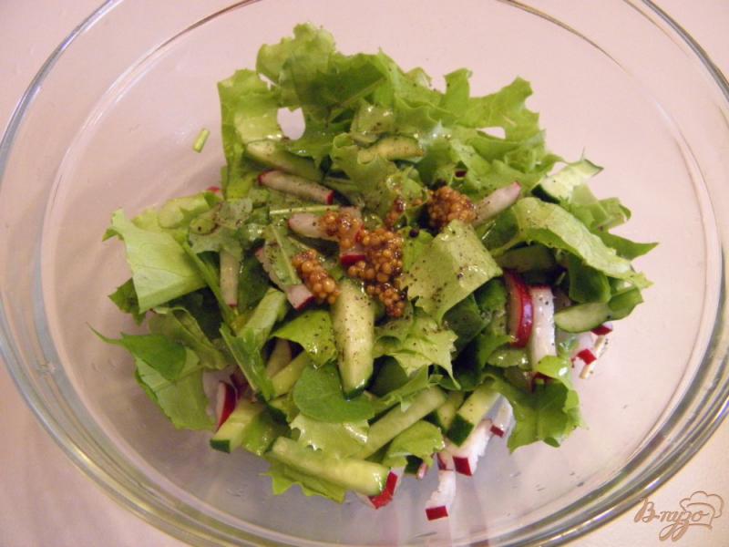 Фото приготовление рецепта: Салат из листьев одуванчика с редисом и огурцом шаг №4