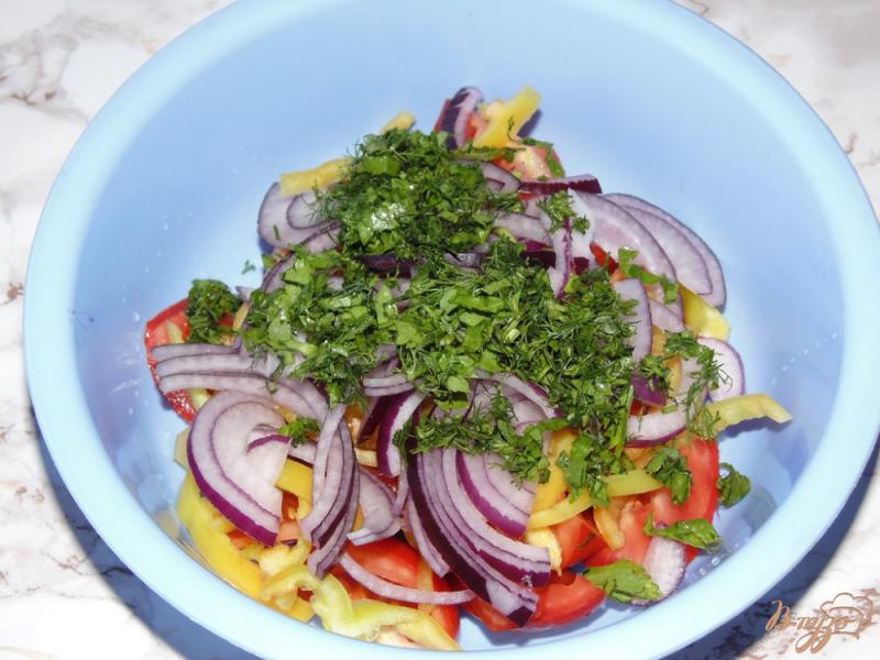 Фото приготовление рецепта: Салат из помидоров с красным луком и чесночной заправкой шаг №4