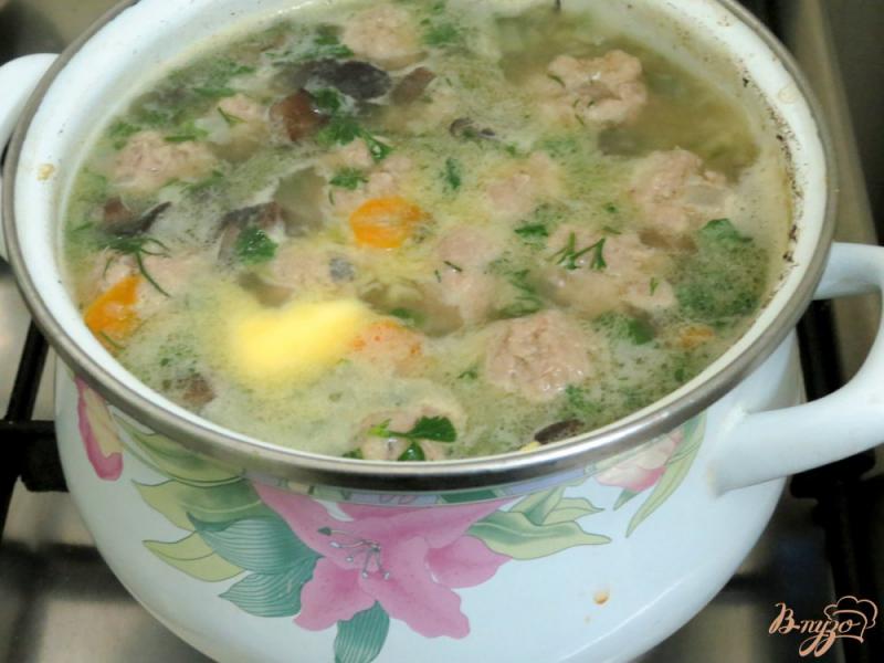 Фото приготовление рецепта: Суп с лесными грибами и фрикадельками шаг №8