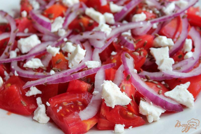 Фото приготовление рецепта: Салат из помидор с красным луком, брынзой и семенами льна шаг №4