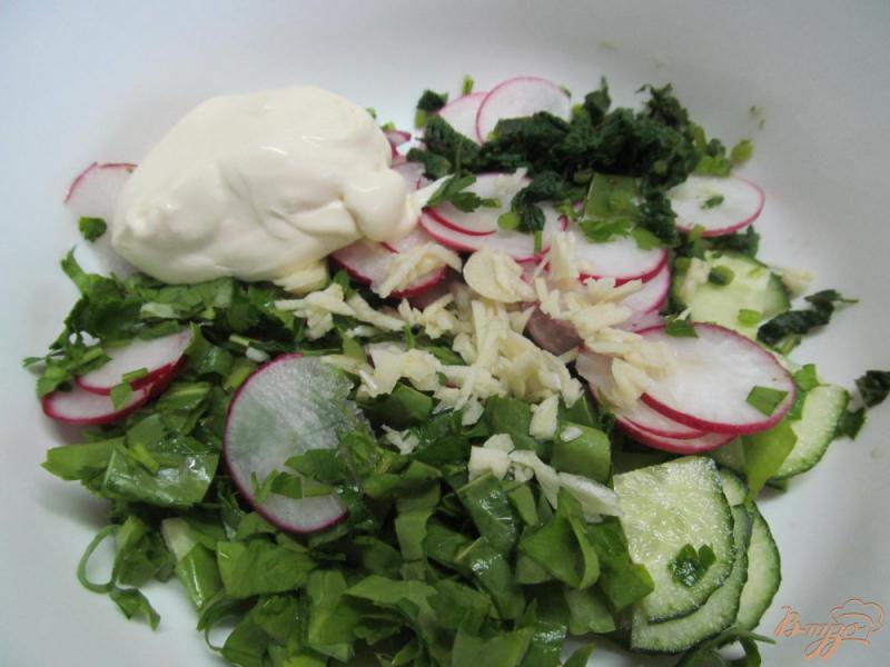 Фото приготовление рецепта: Салат с ботвой редиса и щавелем шаг №3