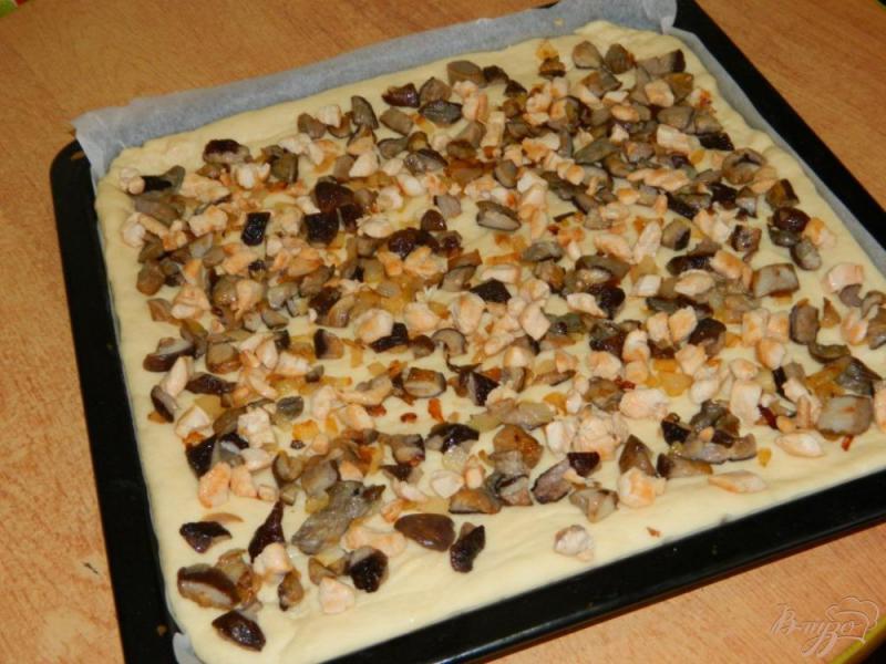 Фото приготовление рецепта: Пицца с курицей, грибами и сыром шаг №5