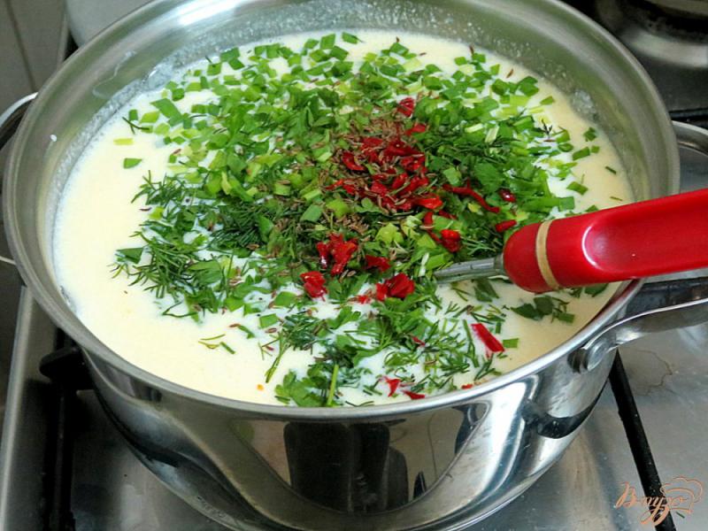 Фото приготовление рецепта: Сыр домашний с укропом и перцем чили и тмином шаг №6