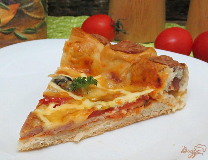 Фото приготовление рецепта: Пицца с сосисками, ветчиной и колбасой шаг №16