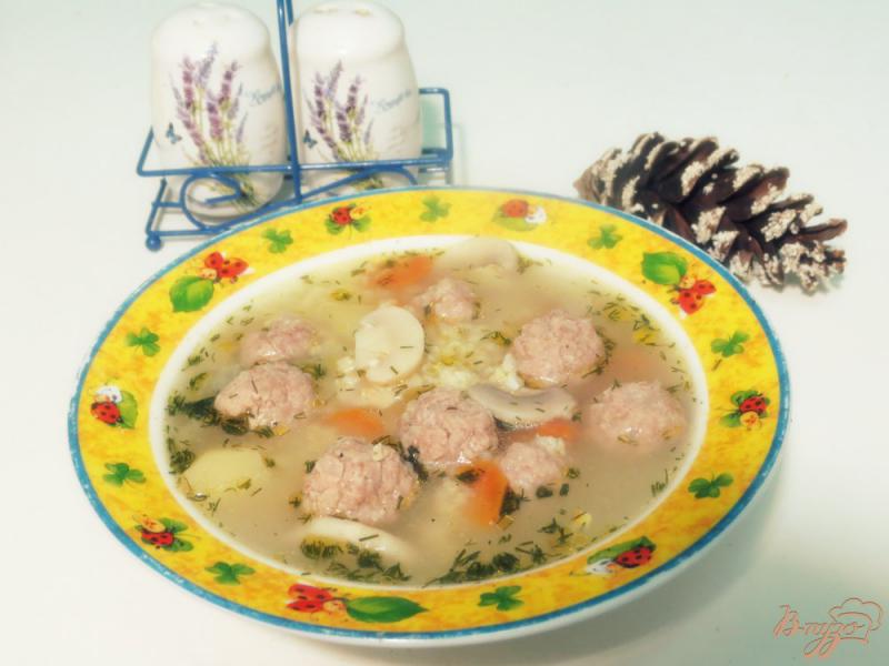 Фото приготовление рецепта: Суп с фрикадельками, пшеном и шампиньонами шаг №10