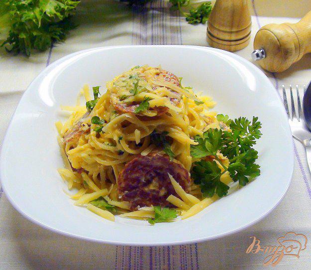 фото рецепта: Спагетти с чоризо и жаренным яичным кремом.