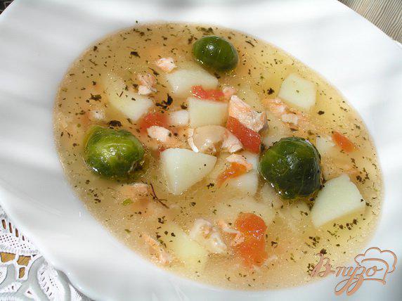 фото рецепта: Суп с лососем, брюссельской капустой и помидорами