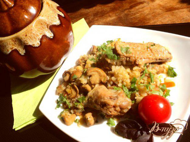 фото рецепта: Курица с рисом и грибами в горшочке