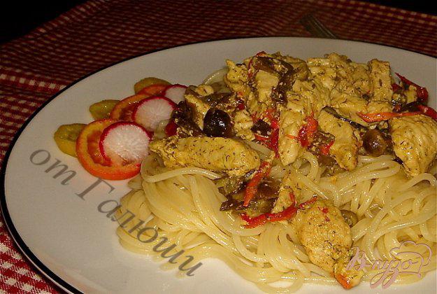 фото рецепта: Спагетти с индейкой и грибами