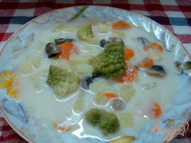фото рецепта: Суп с сырками, шампиньонами и капустой романеско