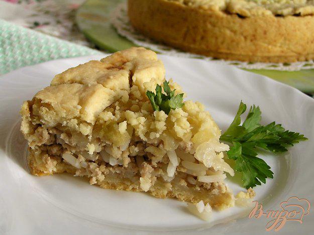 фото рецепта: Мясной пирог с рисом, карамелизированным луком и яблоками