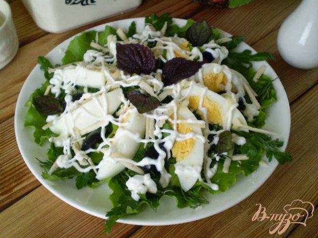 фото рецепта: Салат с яйцом, листьями салата, маслинами и базиликом