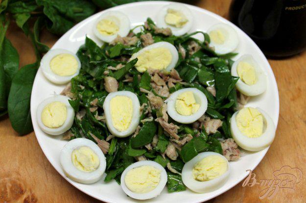 фото рецепта: Салат из мяса перепелки, перепелиных яиц и шпината