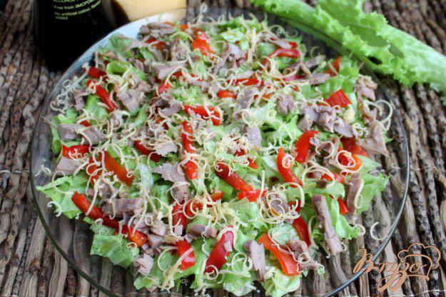 фото рецепта: Зеленый салат с утиной грудкой и болгарским перцем