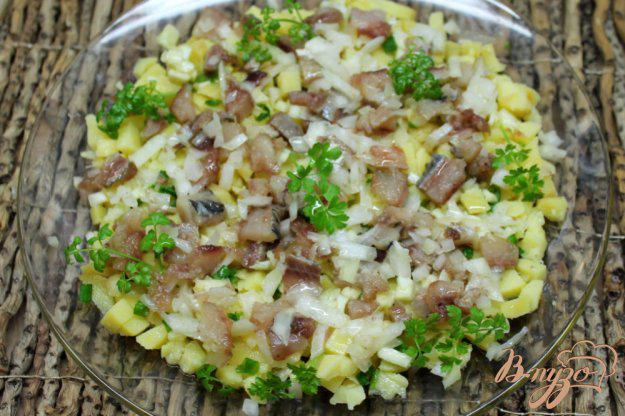 фото рецепта: Картофельный салат с селедкой, маринованным луком и яблоком
