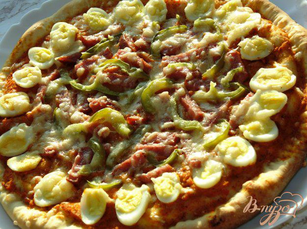 фото рецепта: Пицца с копченой колбасой и перепелиными яйцами