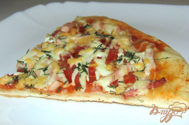 фото рецепта: Пицца с ветчиной, копченой колбасой и помидором
