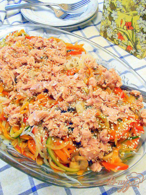 Фото приготовление рецепта: Фунцоза с овощами и тунцом. шаг №7