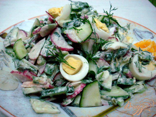 Фото приготовление рецепта: Салат из редиса, огурцов и перепелиных яиц шаг №6