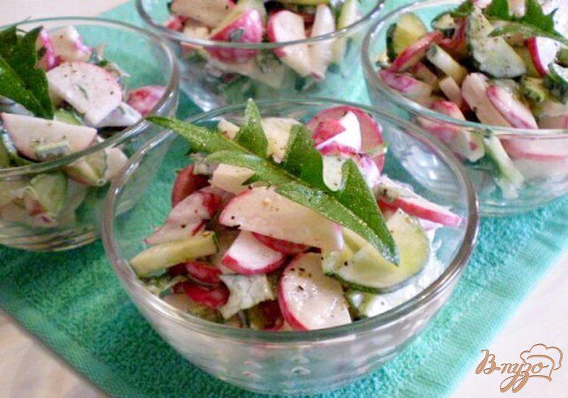 Фото приготовление рецепта: Овощной салат с листьями одуванчика и сметаной шаг №4